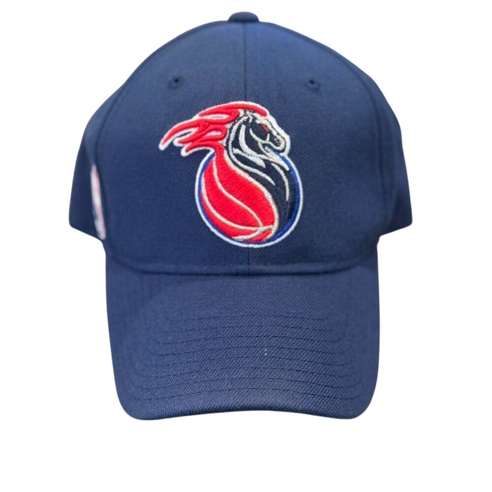 Vintage Reebok Detroit Pistons Navy Blue Flaming Horse Logo Baseball Hat NBA